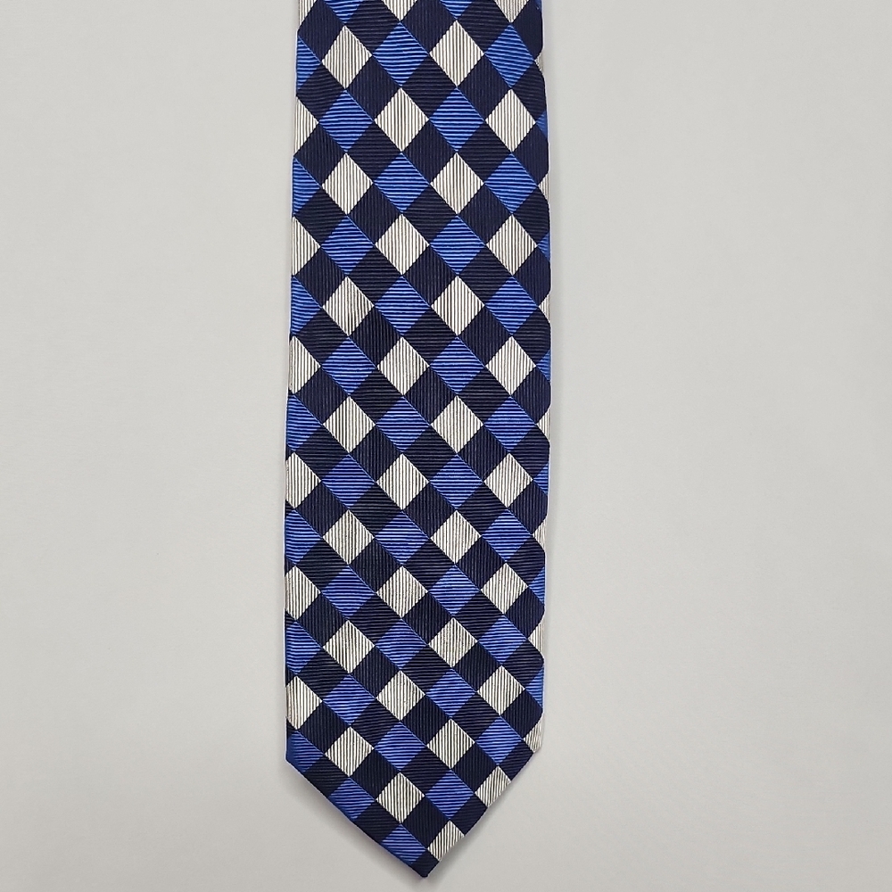 Bullock & Jones Classic Blue and White Checkered Men's Silk Tie
